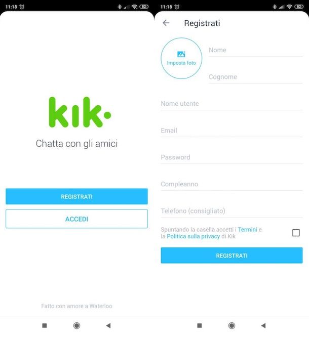 Registrazione Kik
