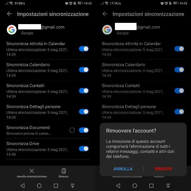 Eliminare account Google da Android