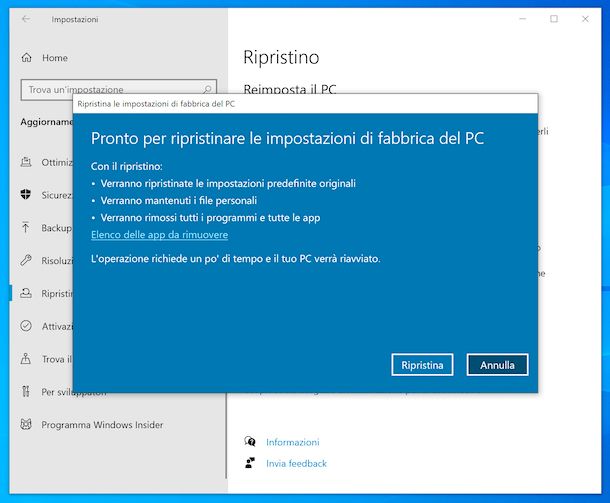 Funzione Reimposta il PC di Windows 10