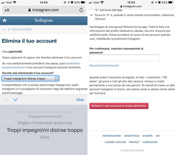 Eliminare account Instagram da smartphone