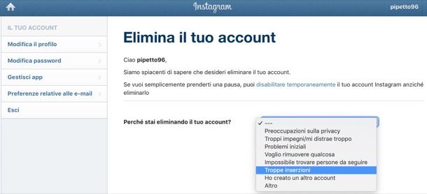 Eliminare account Instagram