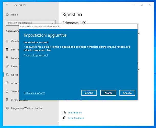 Funzione Reimposta il PC di Windows 10