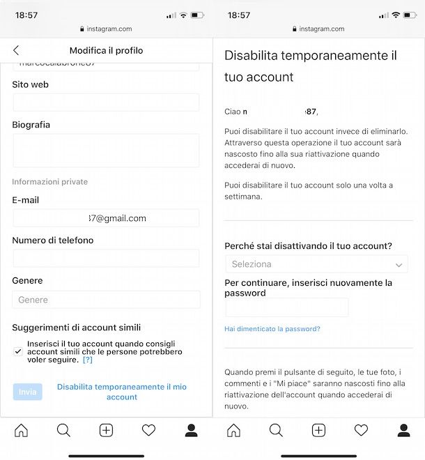 Come cancellare account Instagram temporaneamente da telefono