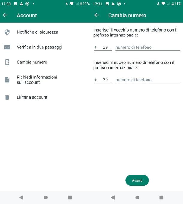 Cambiare numero WhatsApp Android
