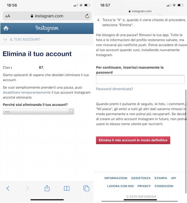 Come cancellare account Instagram da telefono