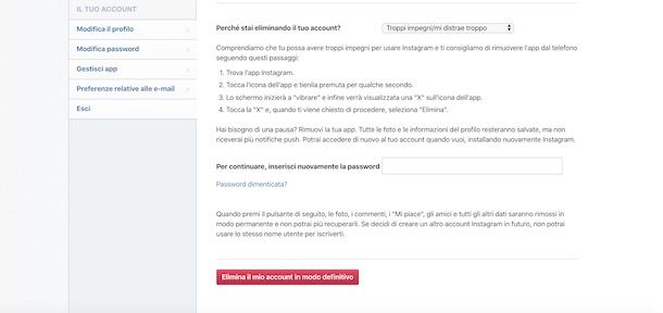 Come cancellare account Instagram da PC