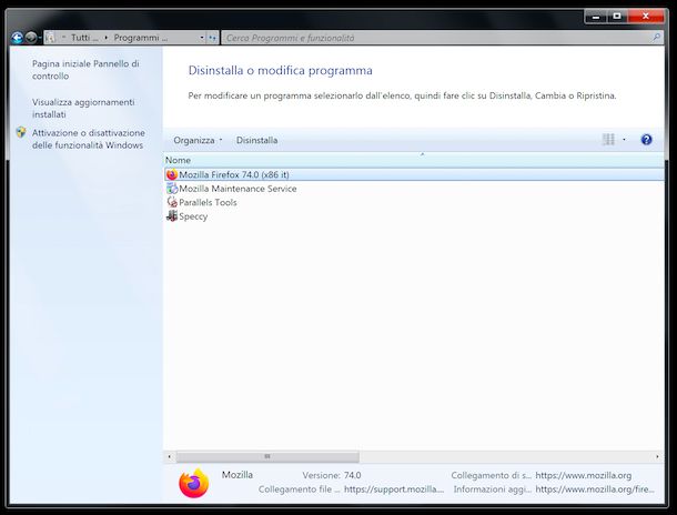 Disinstallazione programmi Windows 7