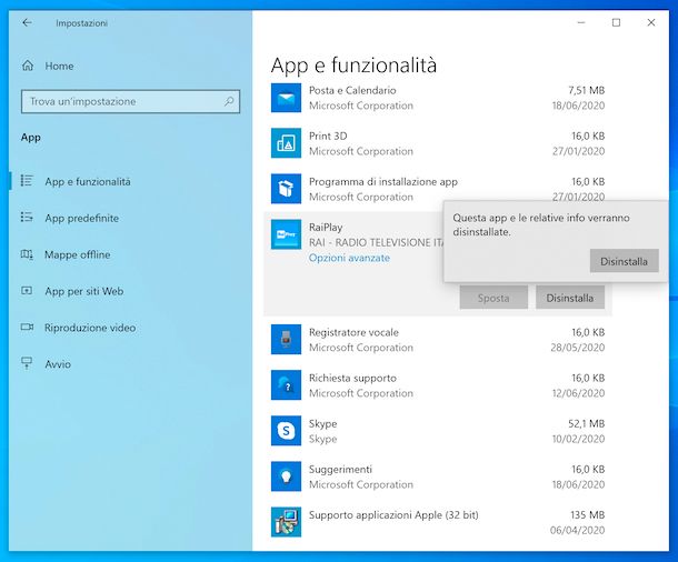 Disinstallazione programmi Windows 10