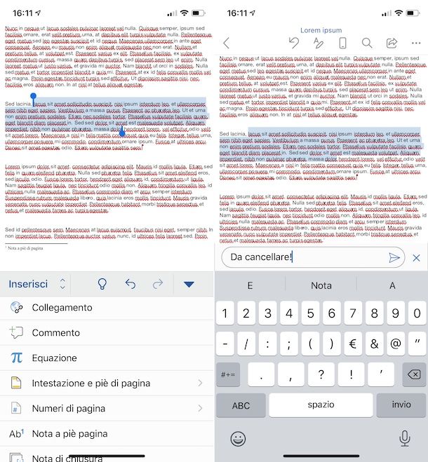 Commenti Word iOS