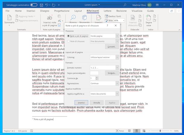 Note di chiusura Word