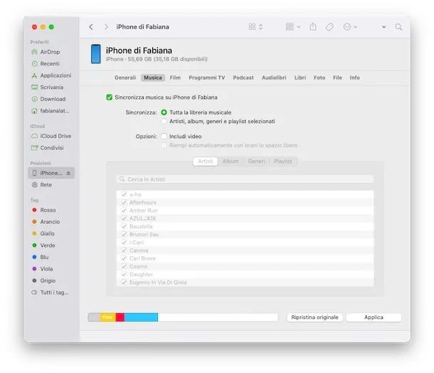 Caricare musica su iPhone con Finder