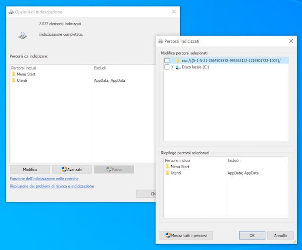 Indicizzazione file Windows 10