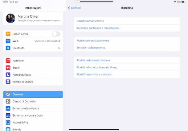 Impostazioni ripristino iPadOS