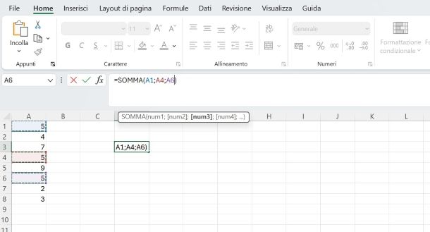 Come sommare elementi colonna Excel
