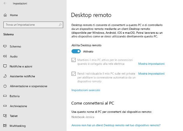 Come abilitare desktop remoto: Windows 10