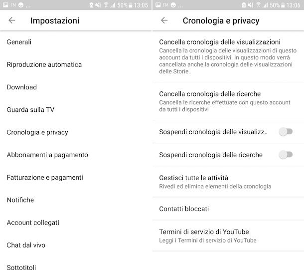 Cancellazione cronologia YouTube su Android