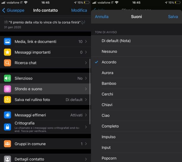 Cambiare suoneria WhatsApp contatto iPhone