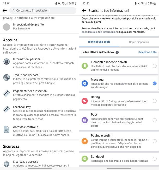 Scaricare backup Facebook Android