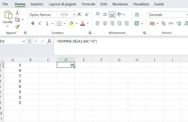 Come sommare alcuni valori di una colonna in Excel