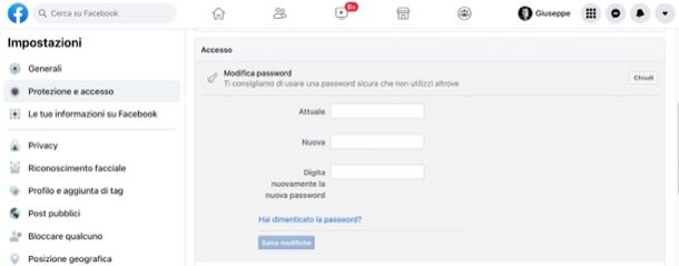 Cambiare password Facebook da desktop