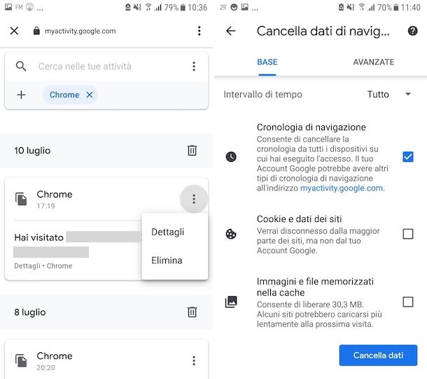 Cancellazione cronologia ricerche Google Chrome su Android