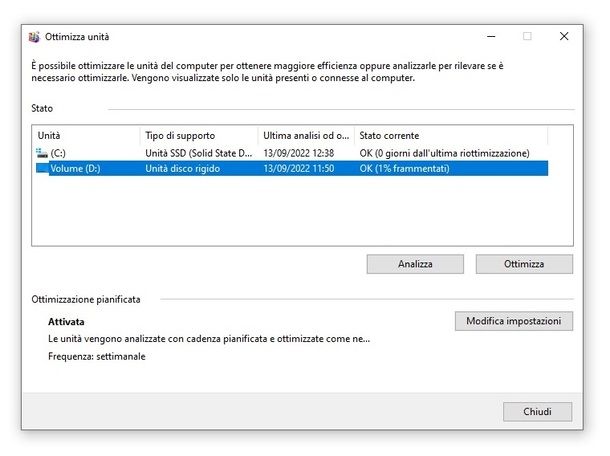 Ottimizzazione unità Windows