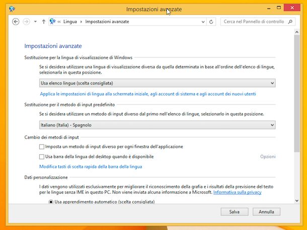 Input layout tastiera Windows 8
