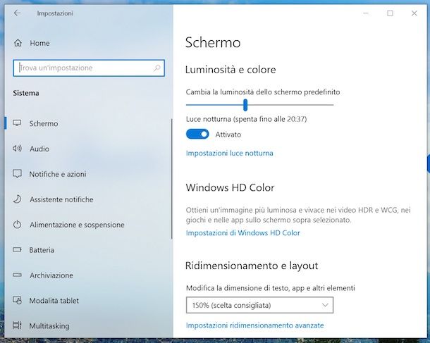 Regolazione luminosità schermo Windows 10