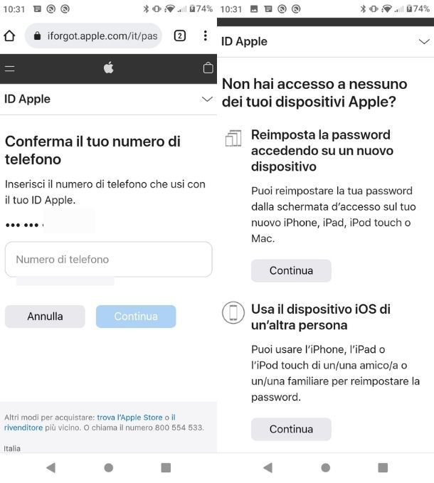 Recupero password iCloud Android