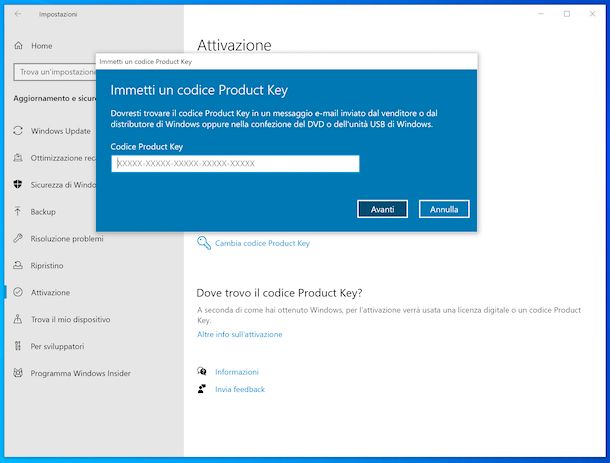 Attivazione Product Key Windows 10