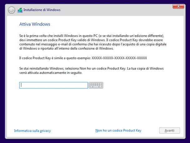 Attivazione Windows 10 durante installazione