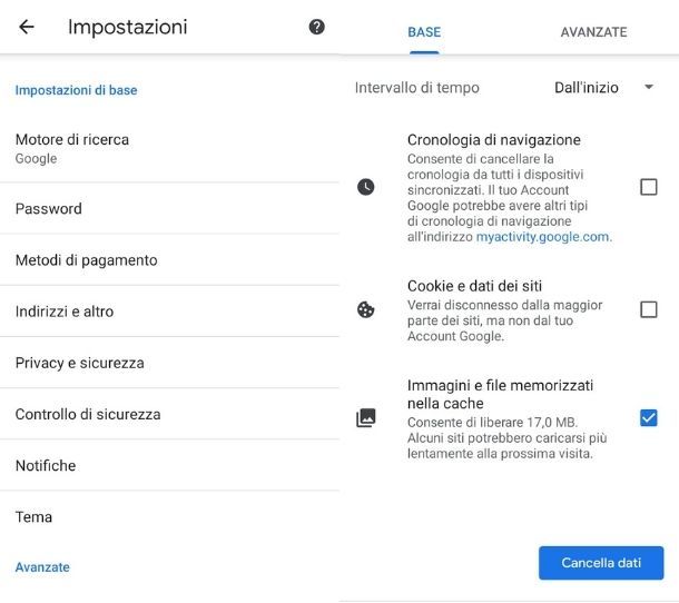 Eliminare cache Chrome Android