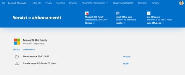 Pannello gestione abbonamenti Microsoft