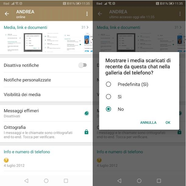 Come non salvare foto chat WhatsApp