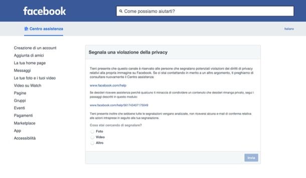 Facebook modulo di contatto