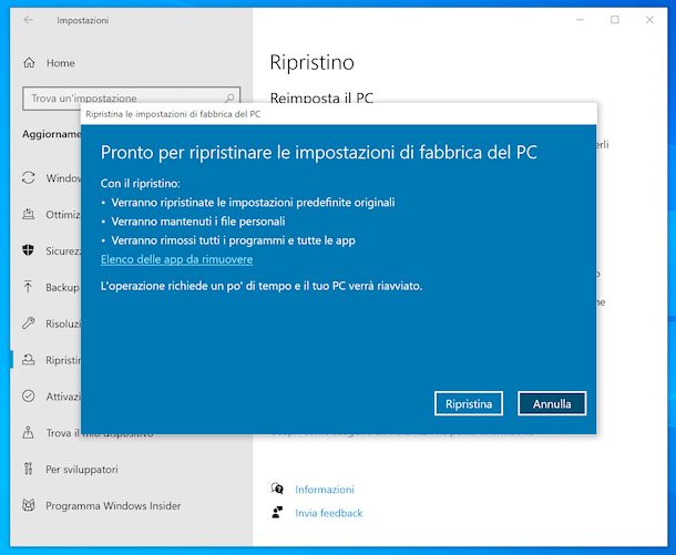 Reimpostare Windows 10