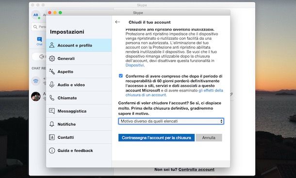 Cancellare account Skype da PC