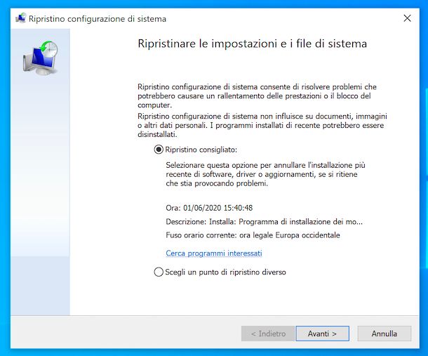 Ripristino configurazione di sistema Windows 10