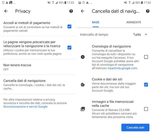 Eliminare i cookie su Chrome Android