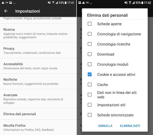Eliminare i cookie su Firefox Android