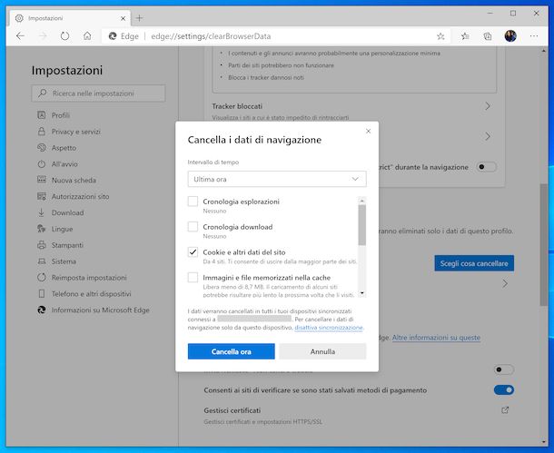 Eliminare i cookie su Edge PC