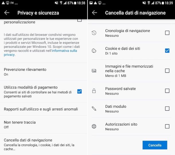 Eliminare i cookie su Edge Android