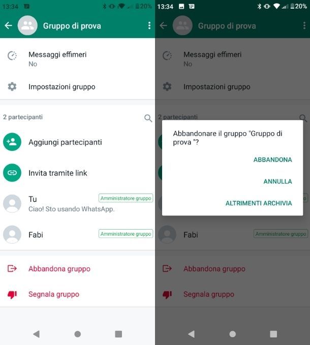 Abbandonare gruppo WhatsApp Android