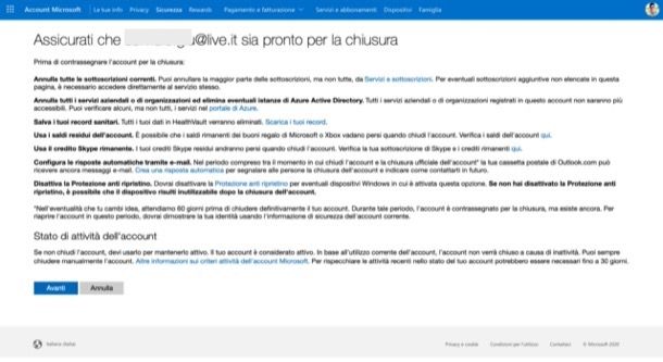 Selezionare le caselle per chiudere l'account Microsoft 