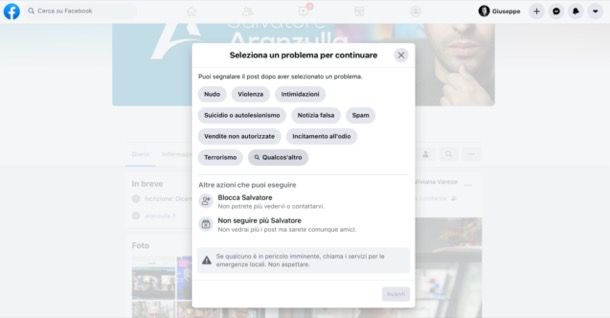 Segnalare contenuti su Facebook da PC