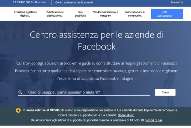 Centro assistenza per le aziende di Facebook