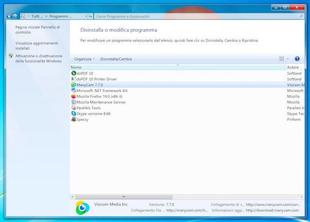 Disinstallare programmi Windows 7