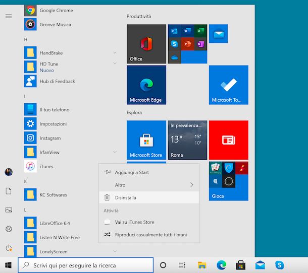 Disinstallare programmi Windows 10