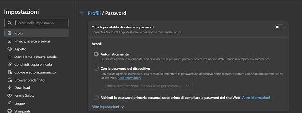 Come eliminare salvataggio password da Edge