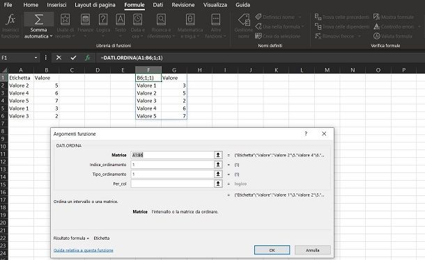 Come ordinare in ordine alfabetico con formule Excel